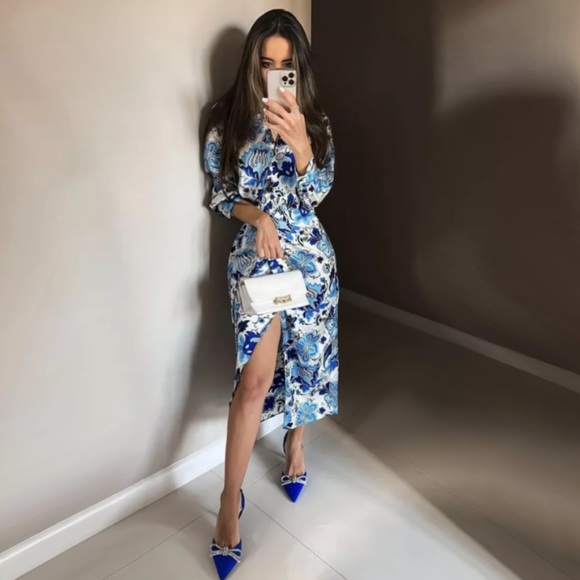 Zara Satin Effect Print Wrap Dress - Picture 4 of 16